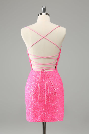 Vestido de cóctel con lentejuelas y tirantes finos ajustados rosa intenso con purpurina